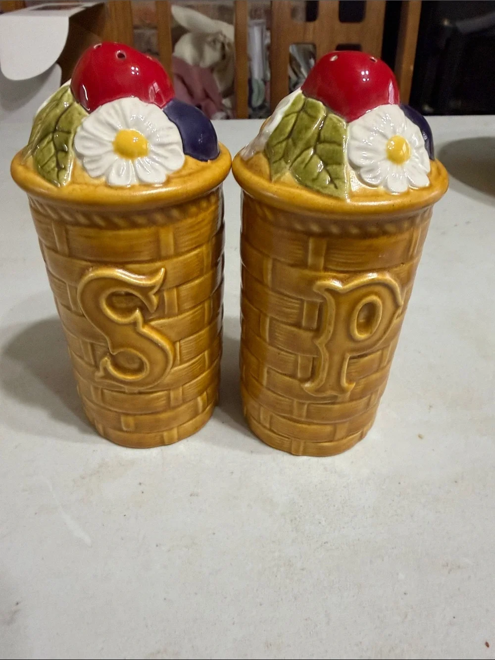 VIntage Yellow Basket Ceramic Salt & Pepper Set with Red Floral Tops